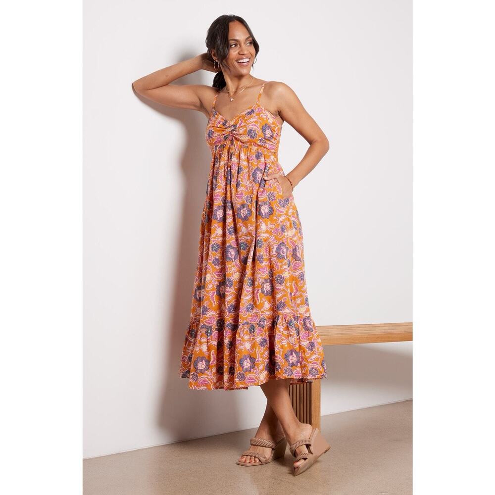 Cleobella Orange Floral Midi Dress with Pink & Purple Accents